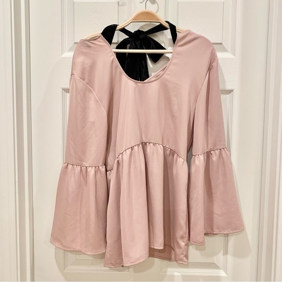 Blush Pink Black Velvet Bow Tie-Back V-Neck Babydoll Bell Long Sleeve Top - Picture 2 of 7
